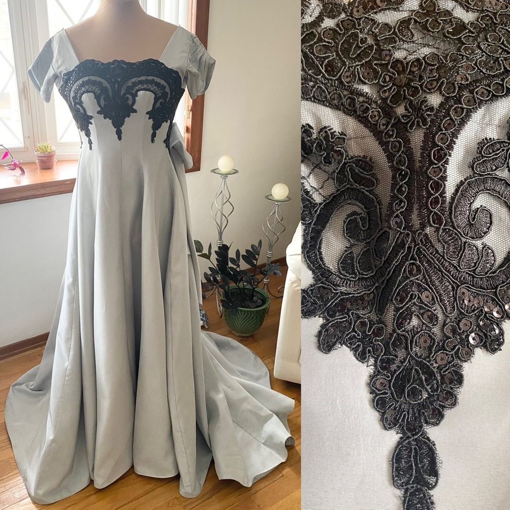 Vintage 50s GRAY Victorian Wedding Dress *X-Small/Small* Sequin Embellished Lace